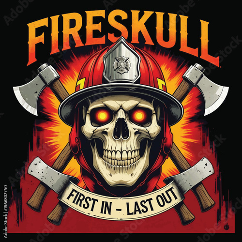 Fire Skull Firefighter Skull Axes Vintage T-Shirt Design