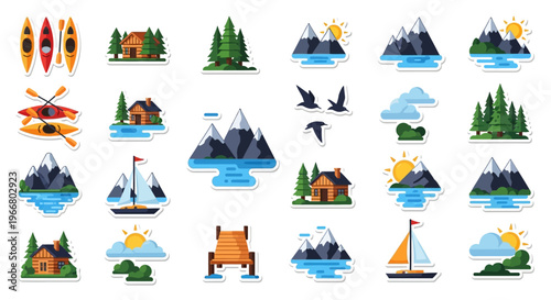 Outdoor adventure sticker pack with nature scenes on transparent background silhouette