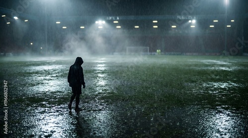 Silhouette of football player in rain under stadium lights creating dramatic atmosphere.