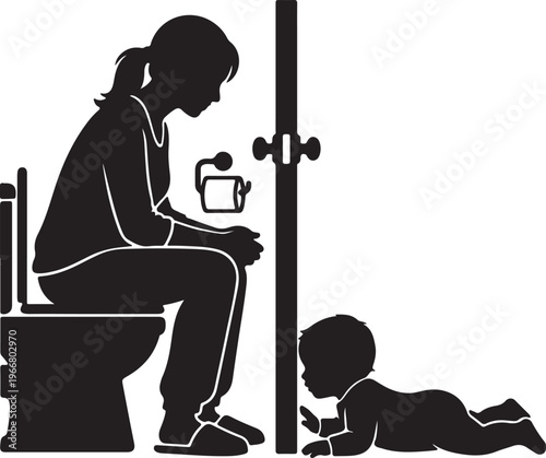 Conceptual Motherhood Silhouette: Multitasking Mom and Playful Learning Vector Design