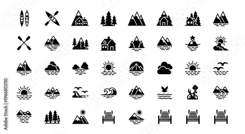 Outdoor adventure icons featuring mountains water and cabins on transparent background silhouette