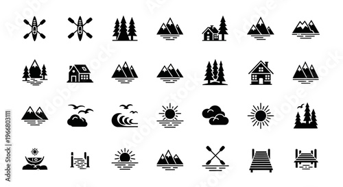 Outdoor adventure icons featuring nature and recreation silhouette on transparent background