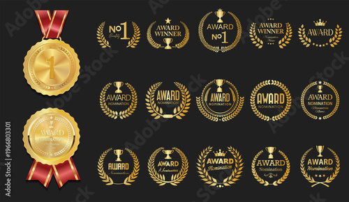 Number 1 award winner, Gold Medal Award Set,  First Place Trophy, premium emblem laurel wreath award winner collection 