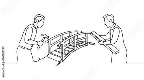 Parent and Stepparent Building a Bridge, United Front Family Concept, One Line Drawing