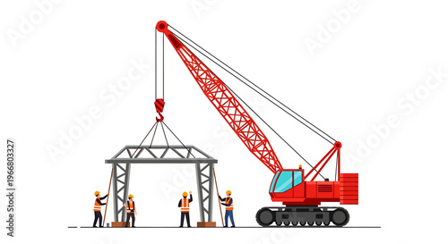 Construction workers with red crane.