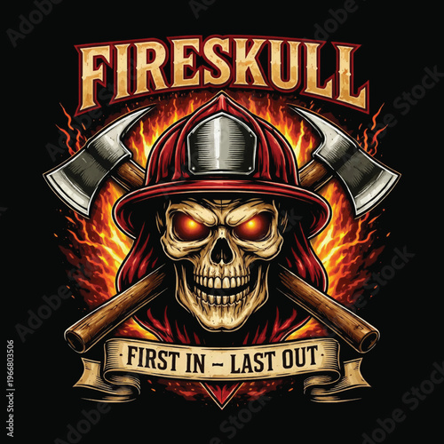 Fire Skull Firefighter Skull Axes Vintage T-Shirt Design