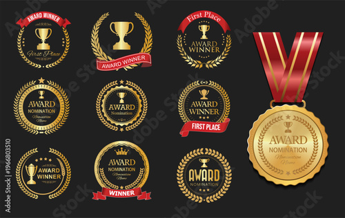 Number 1 award winner, Gold Medal Award Set,  First Place Trophy, premium emblem laurel wreath award winner collection 