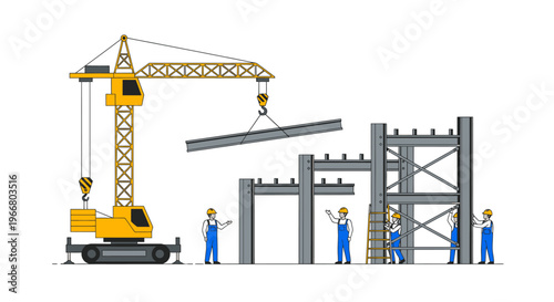 Yellow Construction Crane with Workers.