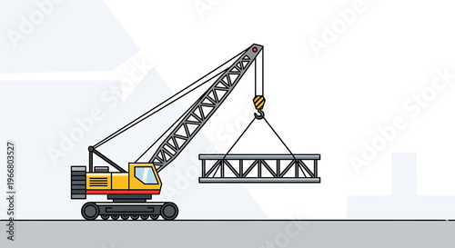 Yellow Construction Crane Lifting Metal Beam.