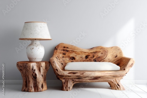 Rustic wooden sofa and side table with lamp in bright room.