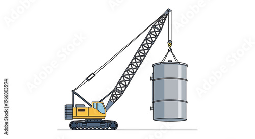 Large yellow construction crane lifting cylinder.