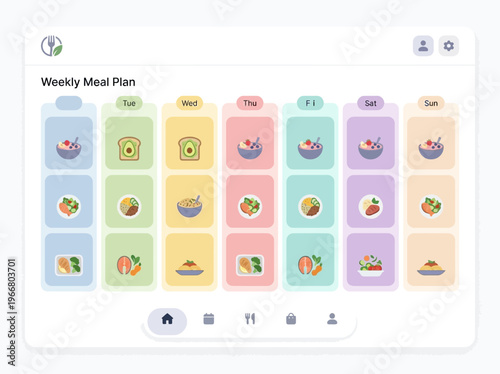 Modern digital interface graphic presenting a weekly meal planning application, featuring diverse healthy food options for a balanced diet.