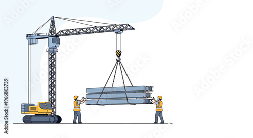 Construction workers with steel beam crane.