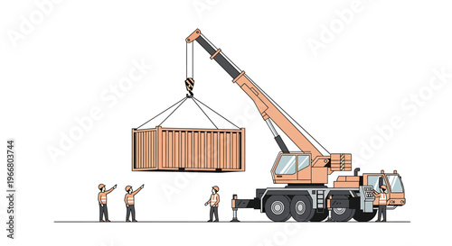 Workers operating large industrial crane machine.