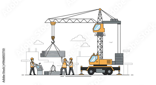 Yellow Construction Crane with Workers.
