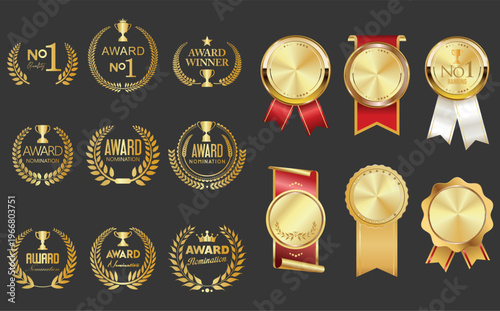 Number 1 award winner, Gold Medal Award Set,  First Place Trophy, premium emblem laurel wreath award winner collection 