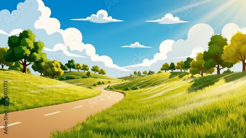 Cartoon landscape animation featuring rolling green hills winding road trees and a bright blue sunny sky with puffy white clouds