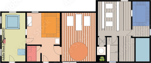 Modern colorful apartment floor plan with furniture layout, interior design blueprint, living room, bedrooms, bathrooms, dining area, architectural visualization