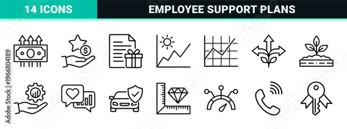Corporate Employee Benefits and Compensation Strategy Line Art. Minimalist monoline geometric symbols for human resources and finance.