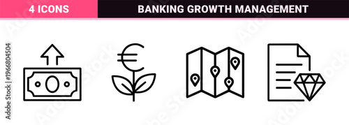 European Finance and Banking Monoline Outlines Featuring Euro Currency Growth Investment and Secure Digital Payment Geometric Symbols