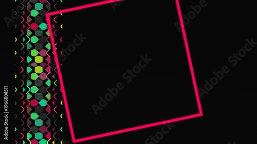 A patterned edge with a geometric design borders a black field with a pink frame