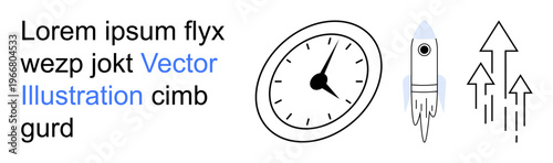 Startup marketing, efficiency planning, productivity improvement, innovation, goal setting, rapid progress. A clock, rocket and upward arrows . Productivity and innovation concept