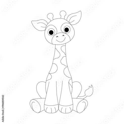 A cute cartoon giraffe coloring page for kids, featuring a simple line art style. This animal illustration features clean lines, making it perfect for children's coloring pages.