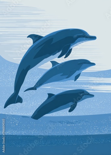 Group of dolphins swimming gracefully in clear blue ocean water.