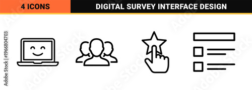 Customer Feedback and User Experience Rating System Monoline Icons. Minimalist Geometric Line Art for Digital Surveys and Business Reviews.