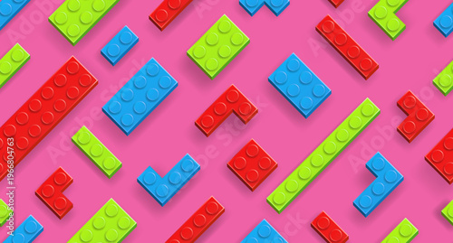 Seamless background made with realistic multicolor plastik constructor blocks on dark pink background. Play and build concept. Vector illustration