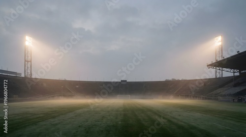 Empty football field with fog and stadium lights creating mysterious atmosphere.