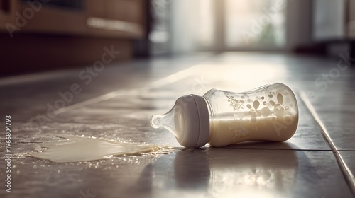 Baby bottle lying on kitchen floor with spilled milk.