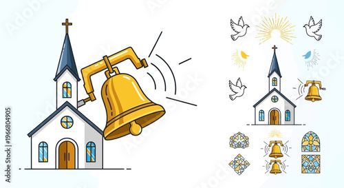 Church Bell Ringing, Doves, Sun Rays, Stained Glass Window Icons