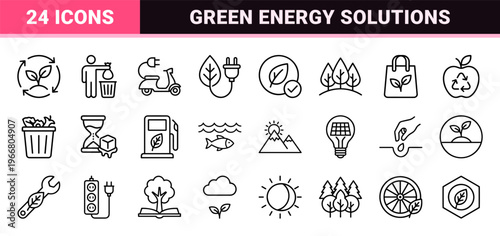 Ecology and Green Energy Technical Monoline Icons for Sustainable Environment, Renewable Power, Carbon Neutrality, and Conservation Technology UI.