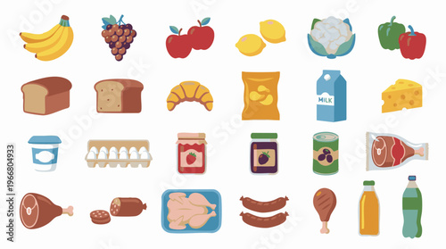 Assortment of fresh produce, dairy, meats, and packaged grocery goods