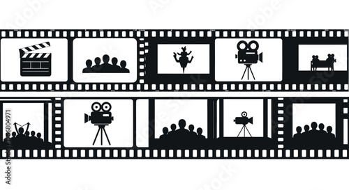 Film Reel with Cinema Icons: Clapperboard, Audience, Camera, and Screen