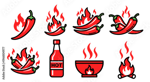 Fiery Chili Peppers and Hot Sauce Icons - Spicy Food and Heat Concept