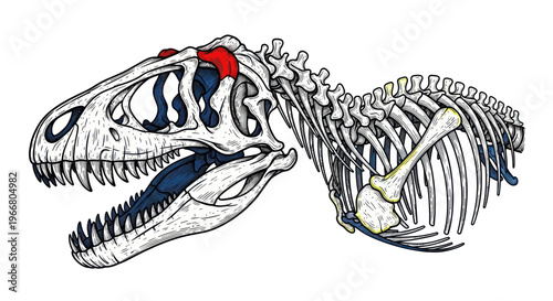 Dinosaur Skeleton Illustration, Tyrannosaurus Rex Skull and Rib Cage, Prehistoric Animal Anatomy