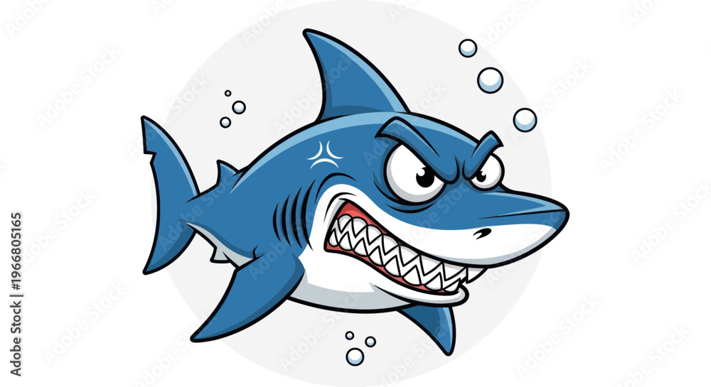 Obraz premium Angry Cartoon Shark with Sharp Teeth and Bubbles