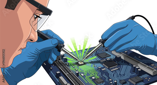Technician soldering microchip on circuit board, electronics repair, technology