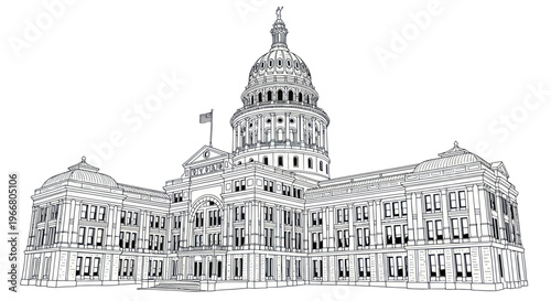 Texas State Capitol Building, Austin, Texas, USA - Line Drawing Illustration