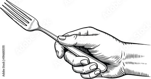 Realistic hand drawn outline of hand gripping fork diagonal composition monochrome shading food utensil line art design