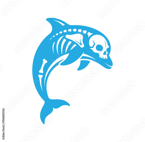 blue dolphin skeleton with skull head swimming to the right side isolated on transparent background