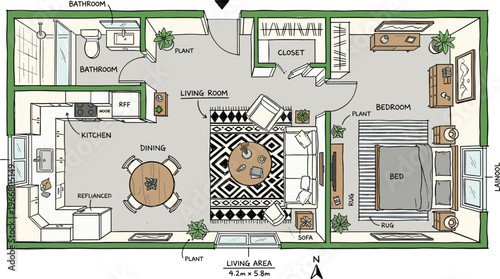 Apartment floor plan with kitchen, dining, living room, bedroom, bathroom, closet, furniture arrangement, compact housing design visualization