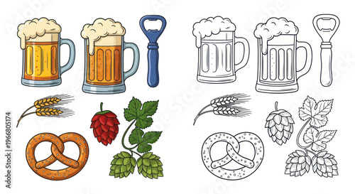 Beer Mugs, Hops, Wheat, Pretzel, and Bottle Opener - Color and Sketch