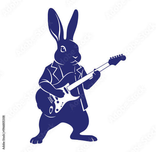 blue rabbit playing electric guitar isolated on white background