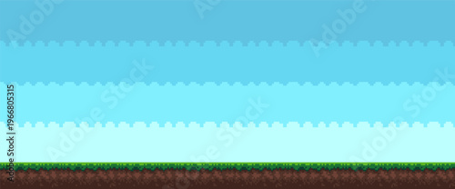 Pixel Art Game Background with Grass Platform and Sky Landscape