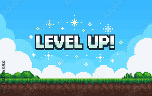 Pixel art game background with button level up. Game design concept in retro style. Vector illustration eps 10