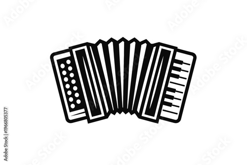 Black and white accordion vector icon, a classic musical instrument with distinctive bellows, piano-style keys, and button bass. Ideal for folk music, polka, world music, traditional melodies, sound,