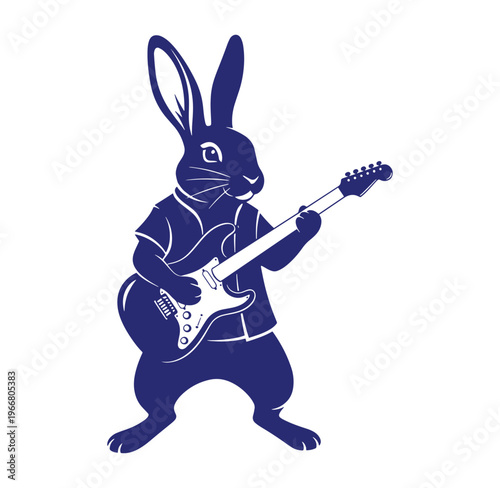 blue rabbit playing electric guitar on white background  rock music animal